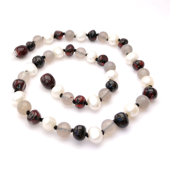 Momma Goose - Baby Amber Necklace:  Dark Cherry, Pearl, and Grey|| Empress