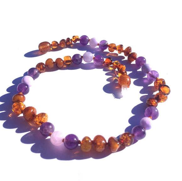 Momma Goose - Baby Necklace Baltic Amber & Amethyst and Rose Quartz || Violet